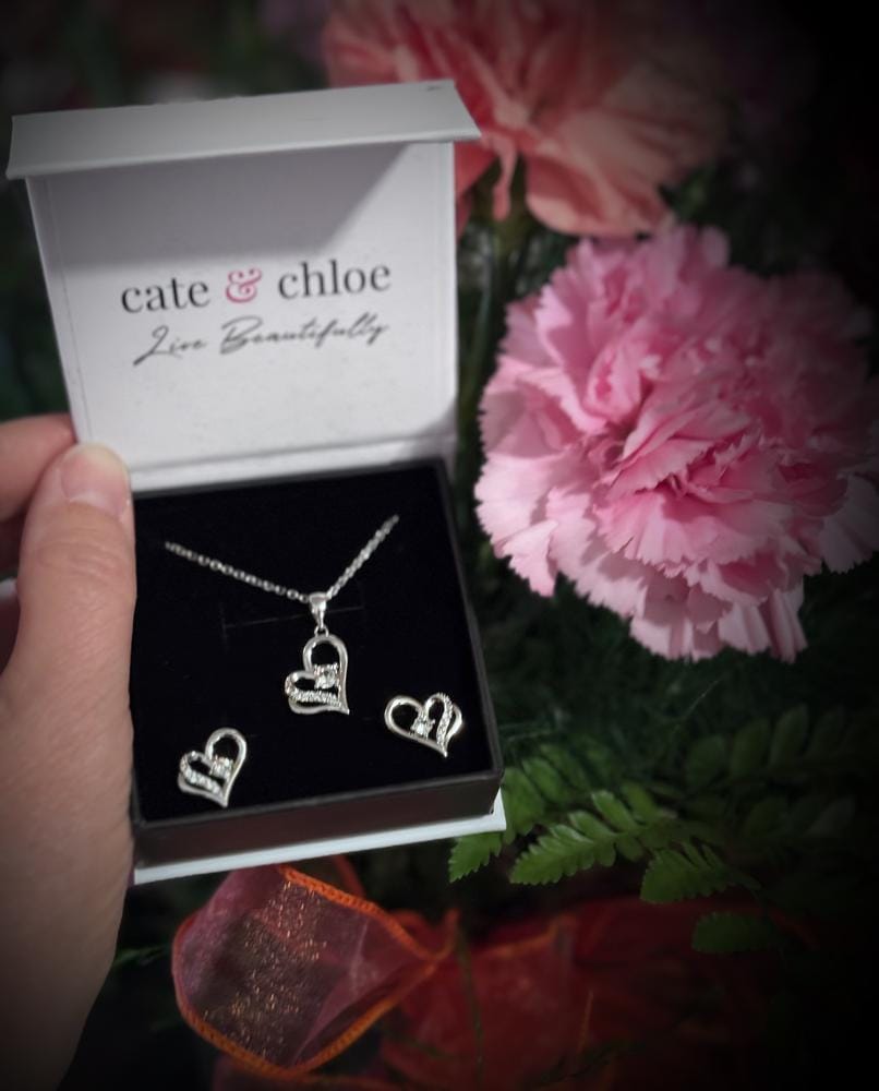 Customer photo review of Kara 18k White Gold Plated Silver Heart Necklace and Earring Set with Swarovski Crystals