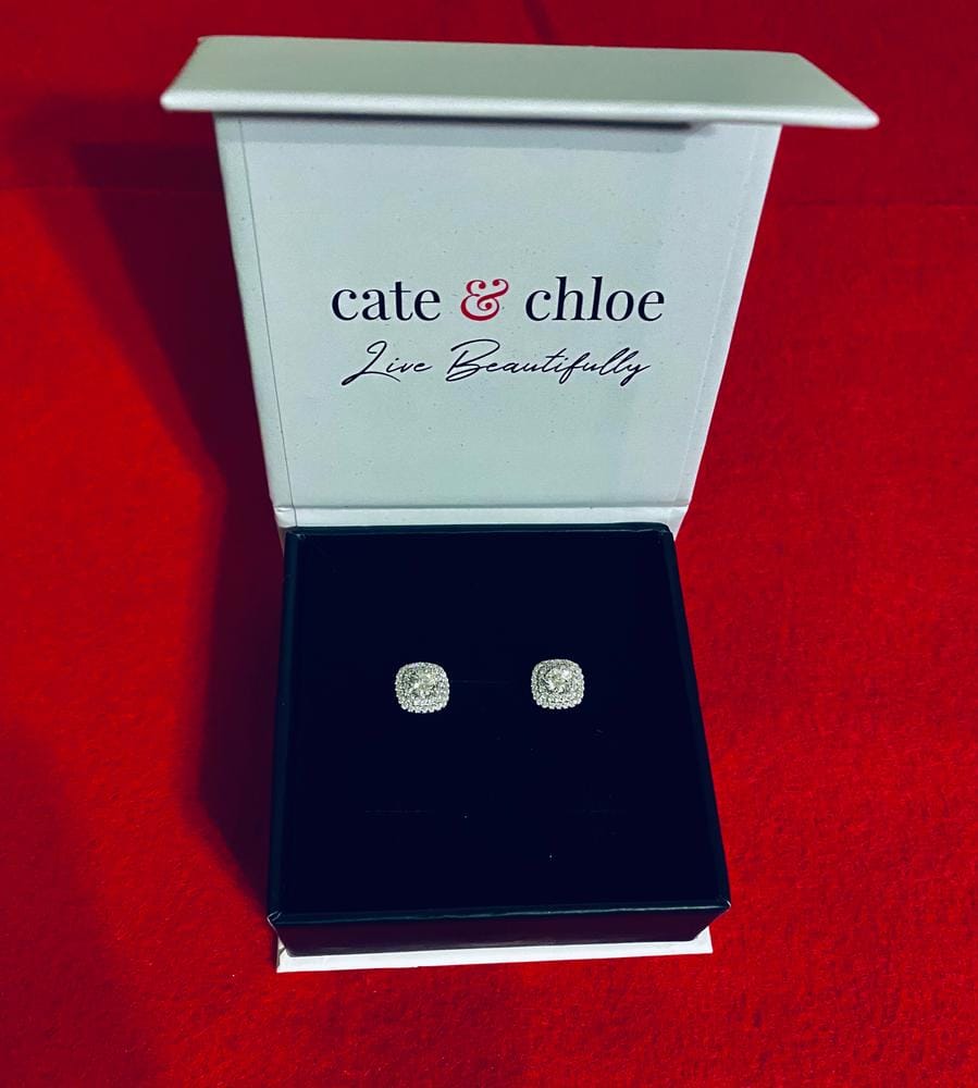 Customer photo review of Moissanite by Cate & Chloe Lucy 18k Gold Plated 925 Sterling Silver Stud Earrings 1.0tcw