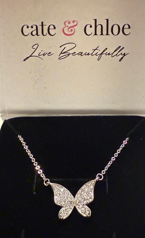 Customer photo review of Yuenen 18k White Gold Plated Butterfly Necklace with Swarovski Crystals & Heartfelt Message for Daughter