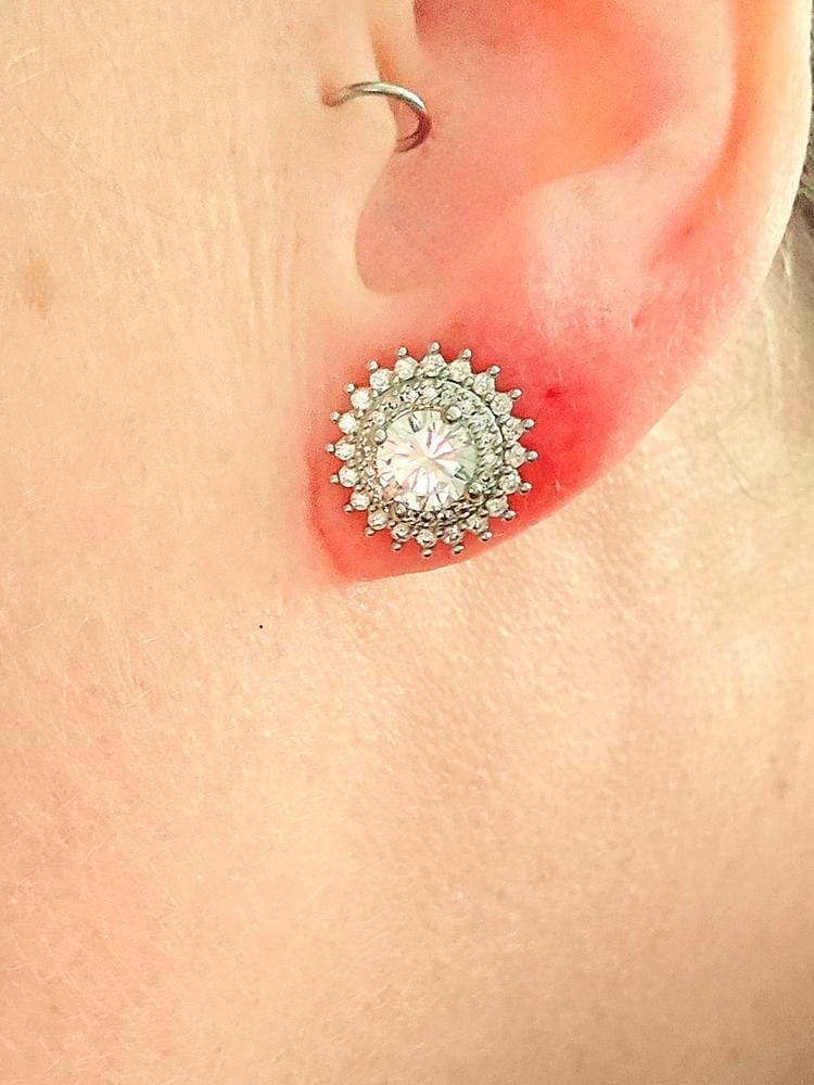 Customer photo review of Cordelia 18k White Gold Plated Stud Earrings with Round Cut Simulated Diamond Crystals - Final Sale