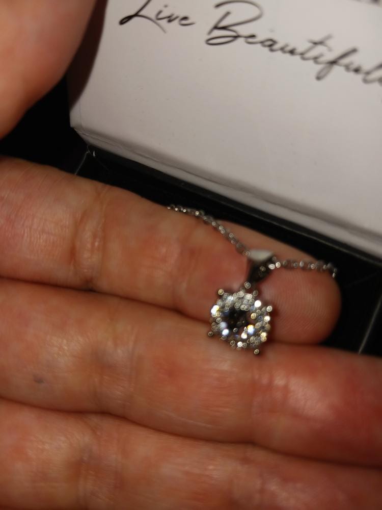 Customer photo review of Raylee 18k White Gold Plated Halo Pendant Necklace with Swarovski Crystals