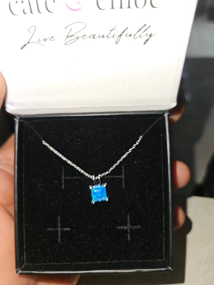 Customer photo review of Amphitrite 18k White Gold Plated Pendant Necklace with Princess Cut Opal Stone