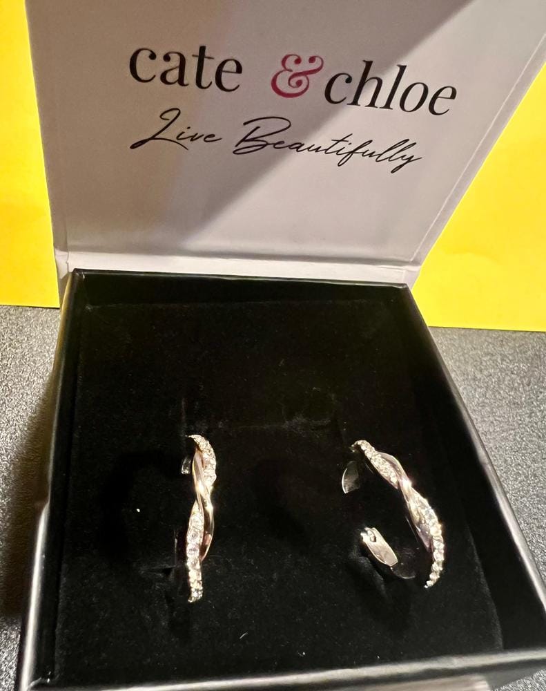 Customer photo review of Lauren 18k White Gold Plated 22mm Twisted Hoop Earrings with Swarovski Crystals