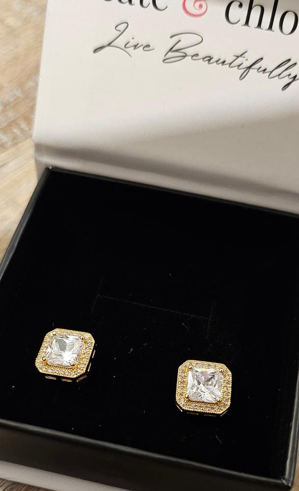 Customer photo review of Norah 18k White Gold Plated Princess Cut Halo Stud Earrings with Simulated Diamond Crystals