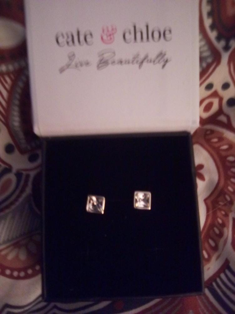 Customer photo review of Brooke 18k White Gold Plated Stud Earrings with Princess Cut Swarovski Crystals