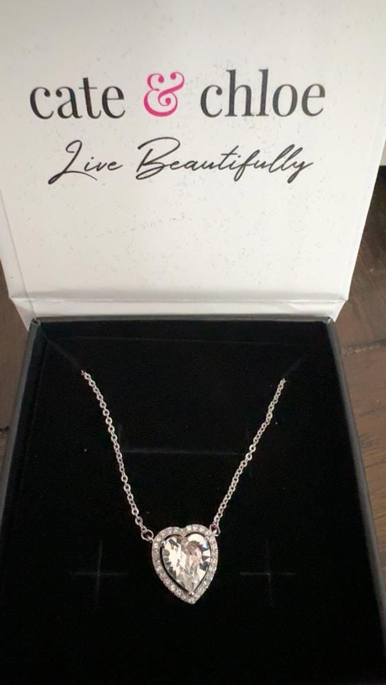 Customer photo review of Tara 18k White Gold Plated Halo Heart Pendant Necklace with Swarovski Crystals