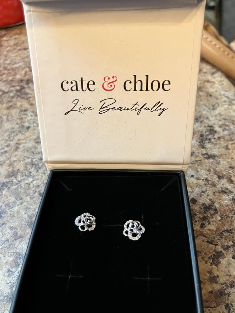 Customer photo review of Briella 18k White Gold Plated Silver Flower Stud Earrings with Swarovski Crystals