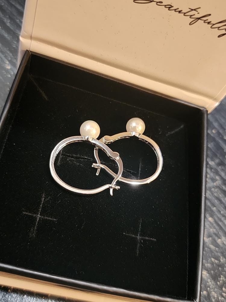 Customer photo review of Nyla 18k White Gold Plated 22mm Pearl Hoop Earrings with Swarovski Crystals