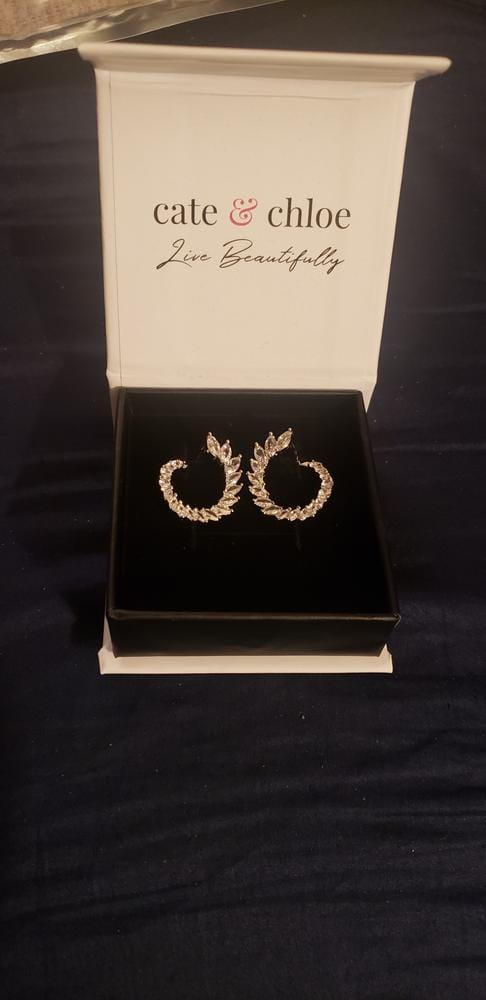 Customer photo review of Adelyn 18k Gold Plated Sideways Hoop Earrings with Simulated Diamond Crystals — Final Sale