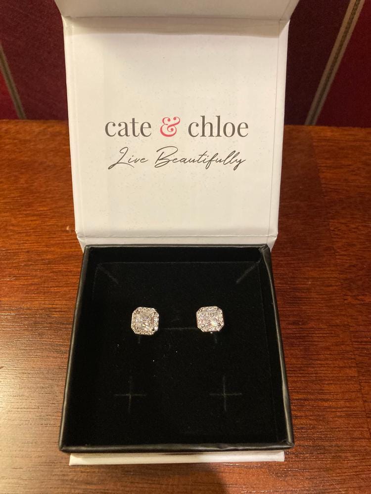 Customer photo review of Estelle 18k White Gold Plated Halo Stud Earrings with Simulated Diamond Crystals