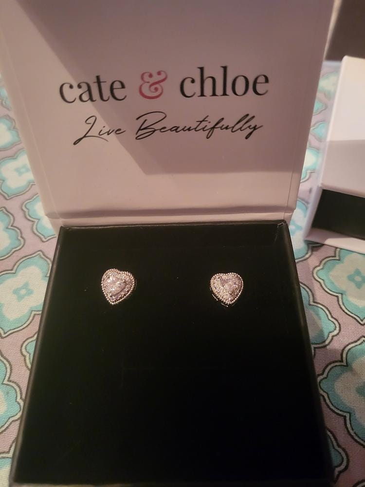 Customer photo review of Coraline 18k White Gold Plated Silver Heart Stud Earrings with Simulated Diamond Crystals