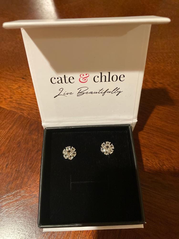 Customer photo review of Maggie 18k White Gold Plated Flower Stud Earrings with Swarovski Crystals