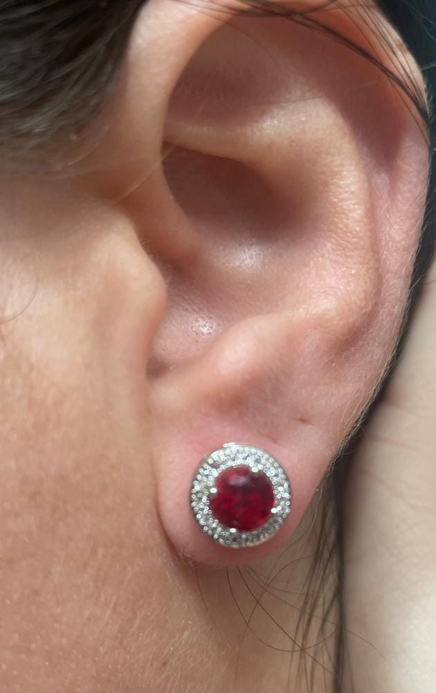 Customer photo review of Gwendolyn 18k White Gold Plated Halo Stud Earrings with Round Cut Simulated Diamond Crystals - Final Sale