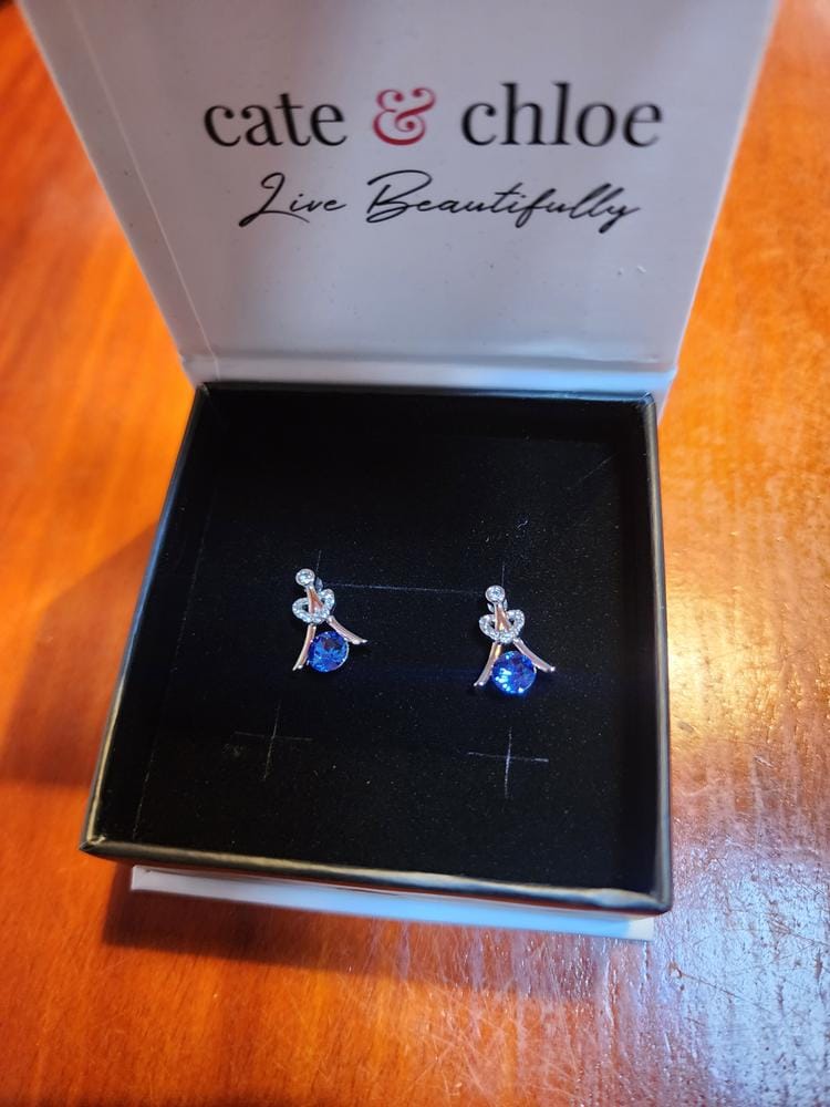 Customer photo review of Serenity Birthstone 18k White Gold Plated Drop Earrings with Round Cut Swarovski Crystals