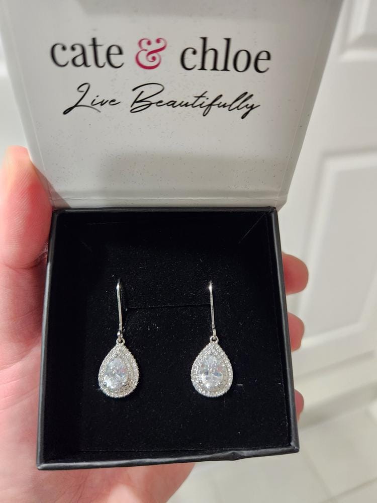 Customer photo review of Aurelia 18k White Gold Plated Tear Drop Earrings with Simulated Diamond Crystals