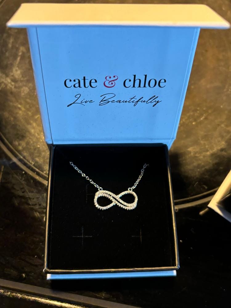 Customer photo review of Tansy 18k White Gold Plated Infinity Pendant Necklace with Simulated Diamond Crystals