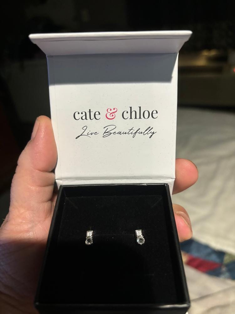 Customer photo review of Laya 18k White Gold Plated Stud Earrings with Swarovski Crystals — Final Sale