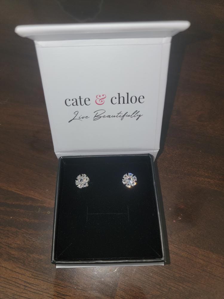 Customer photo review of Maggie 18k White Gold Plated Flower Stud Earrings with Swarovski Crystals