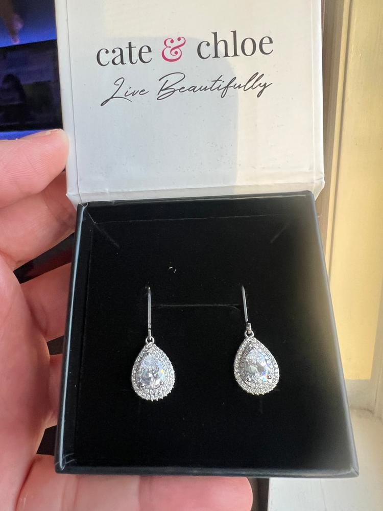 Customer photo review of Aurelia 18k White Gold Plated Tear Drop Earrings with Simulated Diamond Crystals