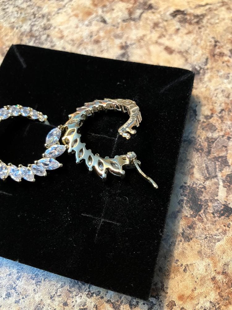 Customer photo review of Adelyn 18k Gold Plated Sideways Hoop Earrings with Simulated Diamond Crystals — Final Sale
