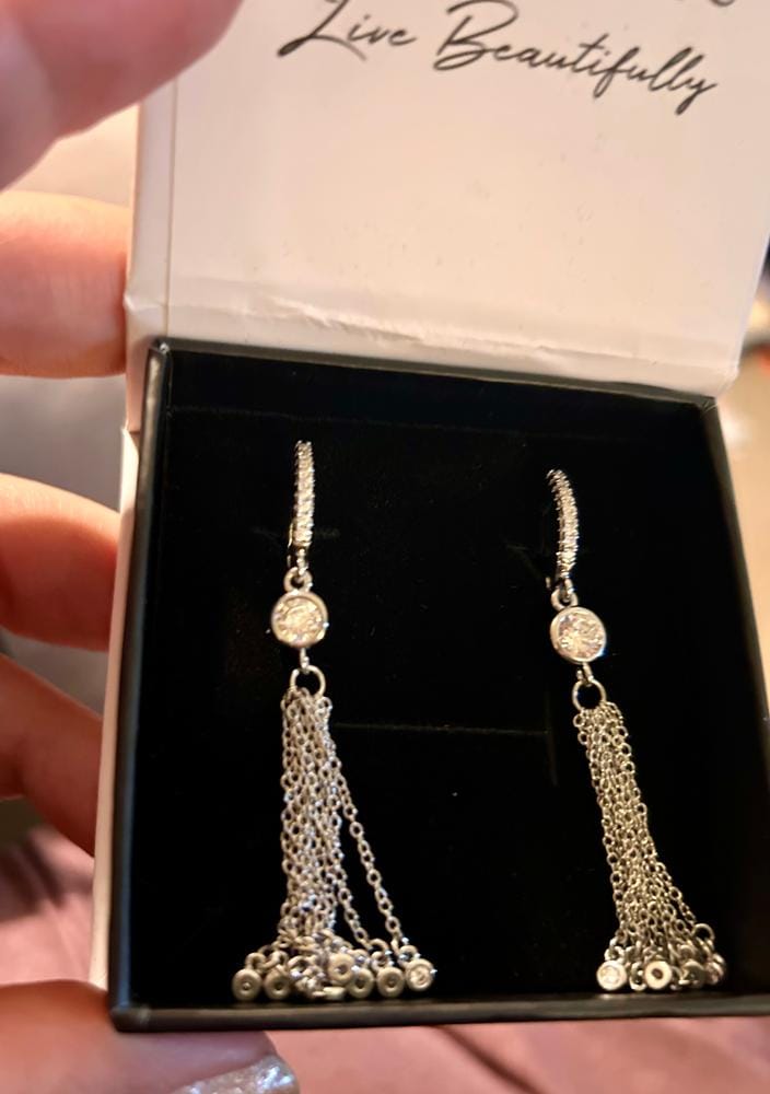 Customer photo review of Jackie 18k White Gold Plated Dangle Tassel Earrings with Simulated Diamond Crystals