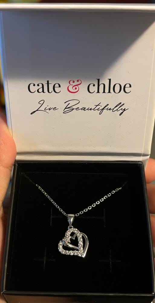 Customer photo review of Angela 18k White Gold Plated Silver Double Heart Necklace with Swarovski Crystals