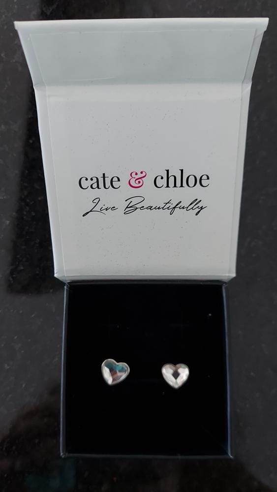 Customer photo review of Violet 18k White Gold Plated Heart Stud Earrings with Swarovski Crystals - Final Sale