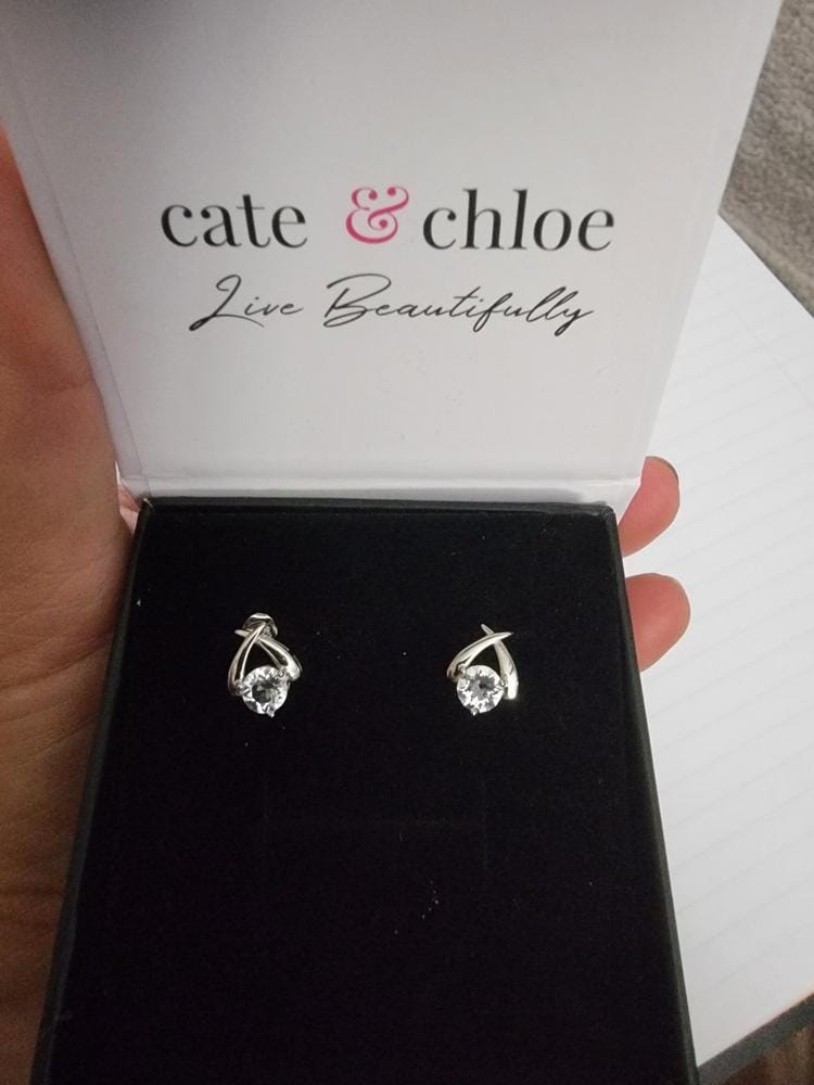 Customer photo review of Eloise 18k White Gold Plated Stud Earrings with Solitaire Round Cut Swarovski Crystal