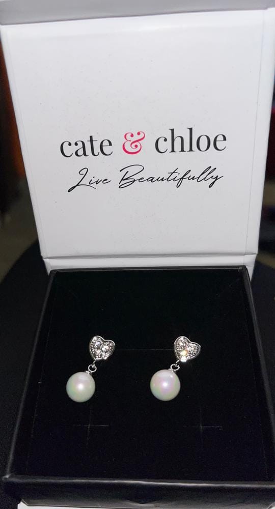 Customer photo review of Kenley 18k White Gold Plated Heart Dangle Earrings with Pearls and Swarovski Crystals - Fab Fav