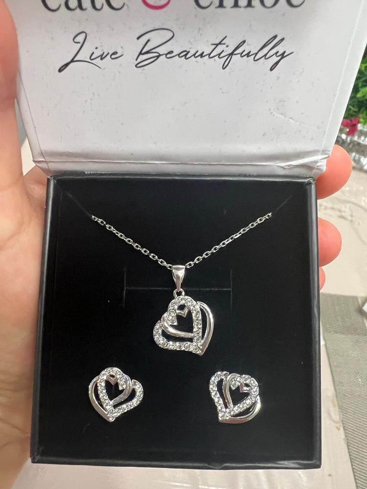 Customer photo review of Angela 18k White Gold Plated Double Heart Stud Earrings and Necklace Set with Swarovski Crystals