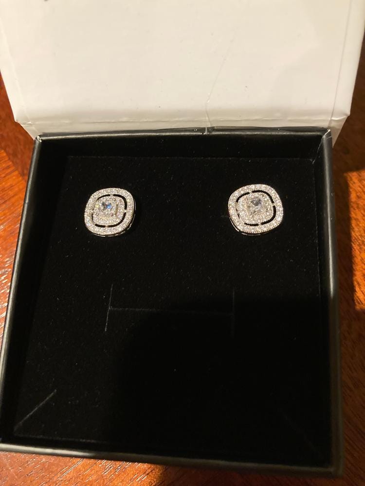Customer photo review of Noelle 18k White Gold Plated Halo Stud Earrings with Simulated Diamond Crystals