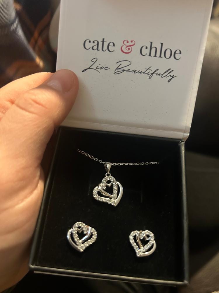Customer photo review of Angela 18k White Gold Plated Double Heart Stud Earrings and Necklace Set with Swarovski Crystals