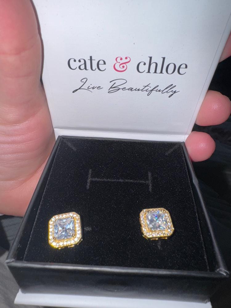 Customer photo review of Norah 18k White Gold Plated Princess Cut Halo Stud Earrings with Simulated Diamond Crystals