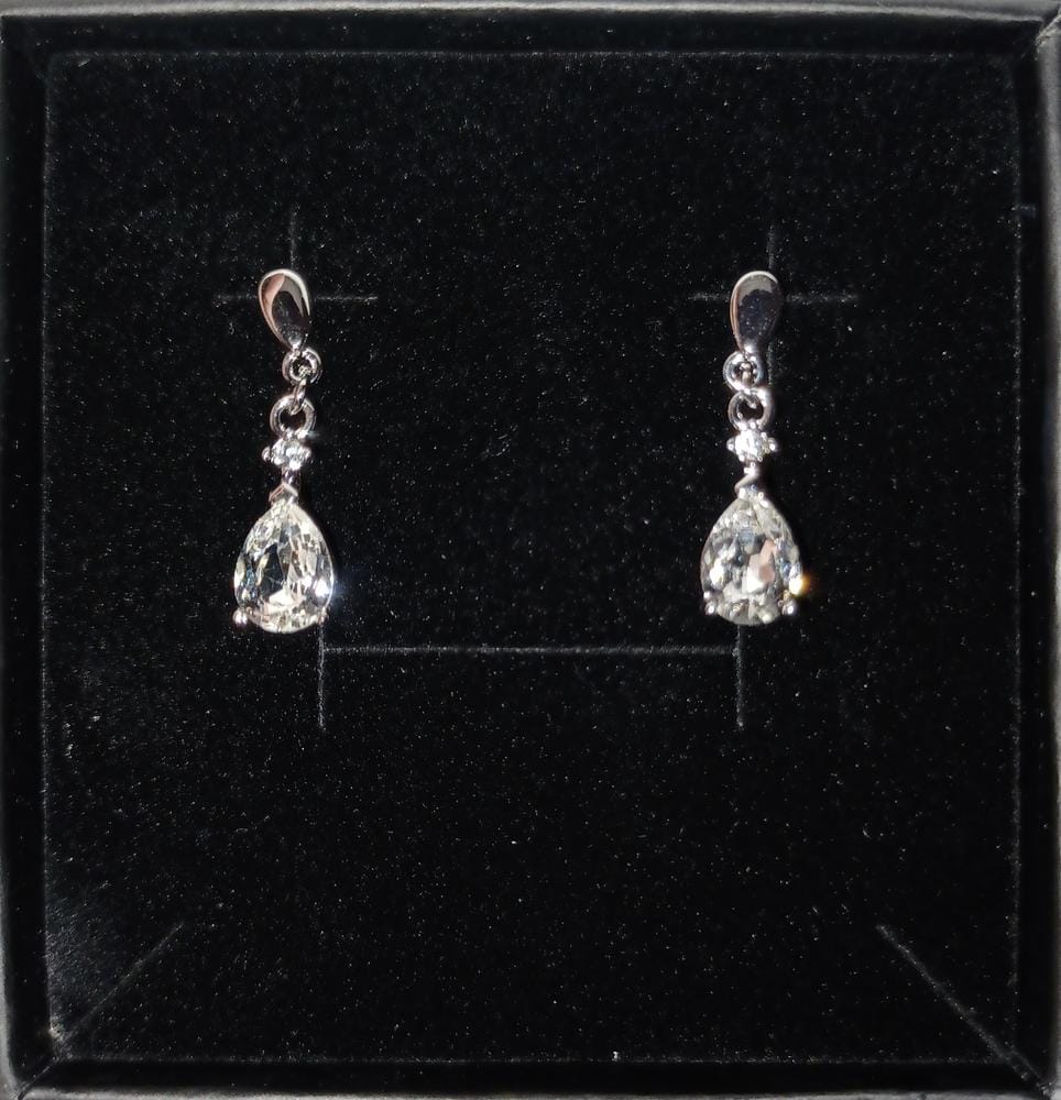Customer photo review of Zoey 18K White Gold Drop Earrings with Swarovski Crystals — Final Sale