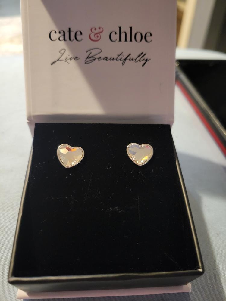 Customer photo review of Violet 18k White Gold Plated Heart Stud Earrings with Swarovski Crystals - Final Sale