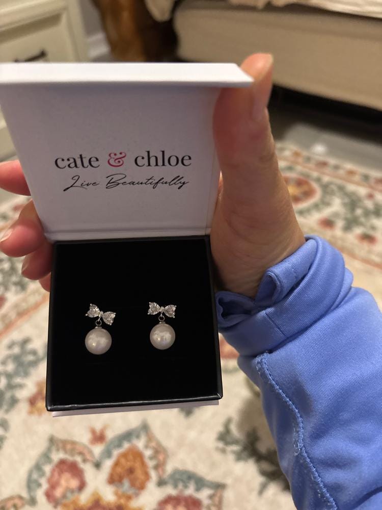Customer photo review of Oakley 18k White Gold Plated Silver Drop Pearl Earrings with Swarovski Crystals