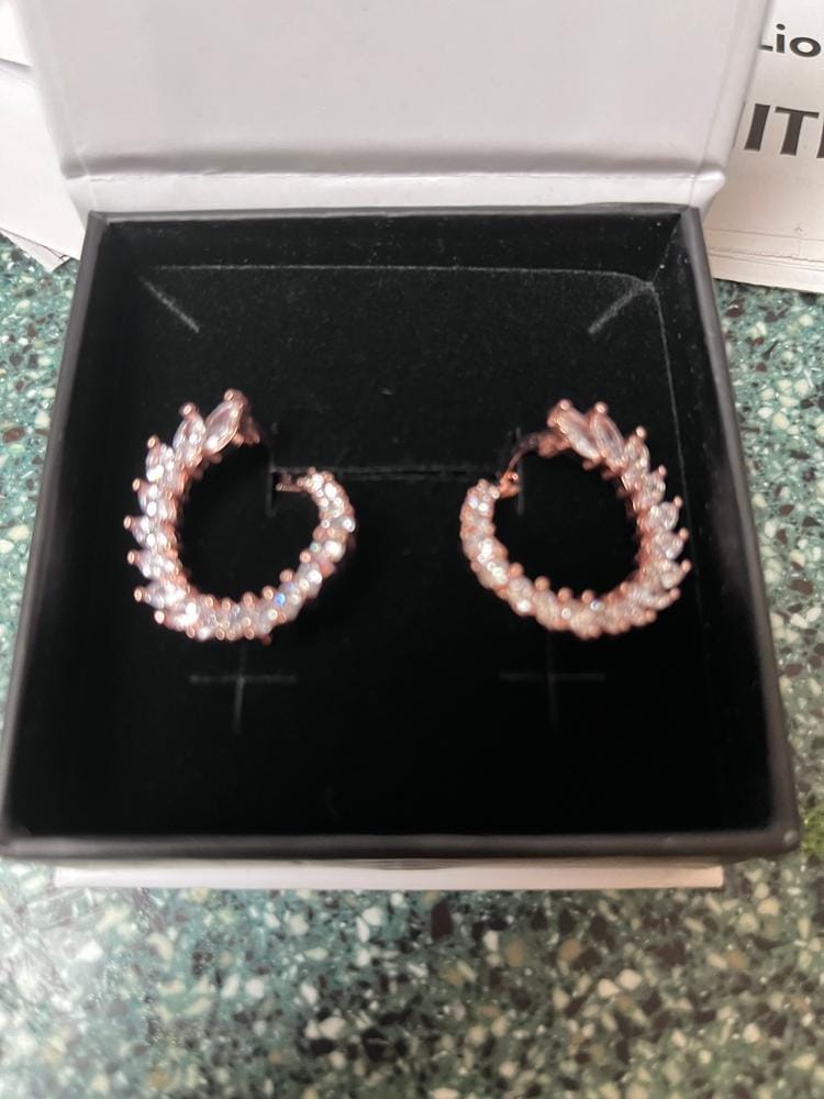 Customer photo review of Adelyn 18k Gold Plated Sideways Hoop Earrings with Simulated Diamond Crystals — Final Sale