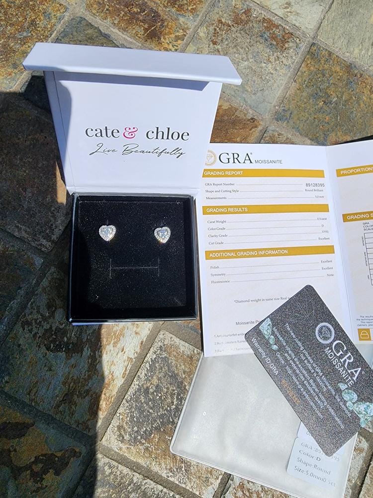 Customer photo review of Moissanite by Cate & Chloe Briana 18k Gold Plated 925 Sterling Silver Stud Earrings 1.21tcw