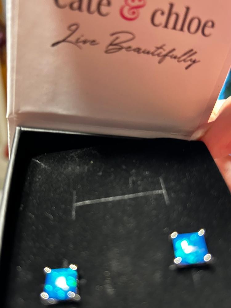 Customer photo review of Amphitrite 18k White Gold Plated Stud Earrings with Princess Cut Opal Stones