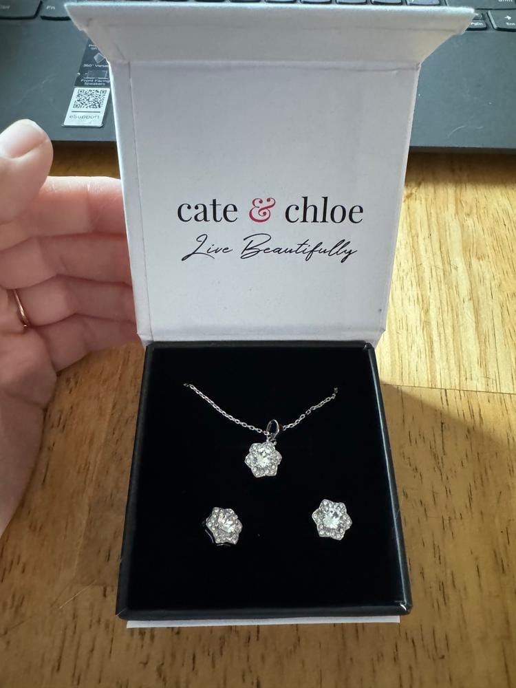 Customer photo review of Poppy 18k White Gold Plated Pendant Necklace & Stud Earrings Set with Simulated Diamond Crystals