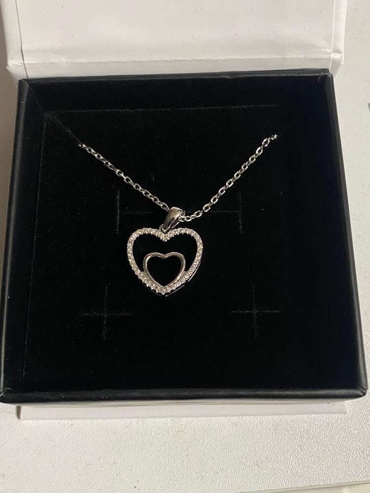 Customer photo review of Amorette 18k White Gold Plated Double Heart Pendant Necklace with Simulated Diamond Crystals & Heartfelt Message for Mom