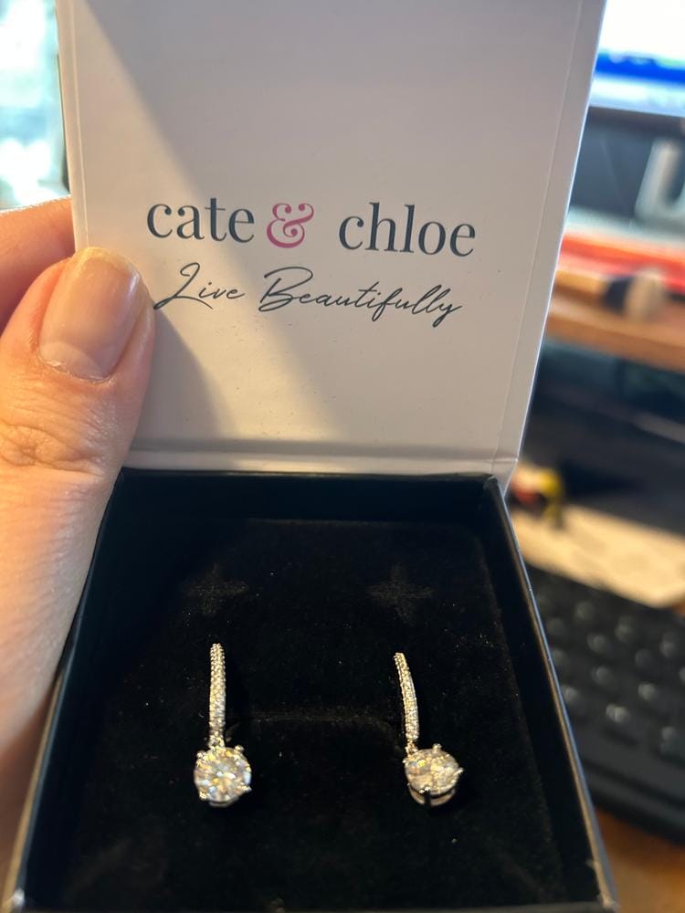 Customer photo review of Moissanite by Cate & Chloe Finley 18k Gold Plated 925 Sterling Silver Dangle Earrings 2.13tcw