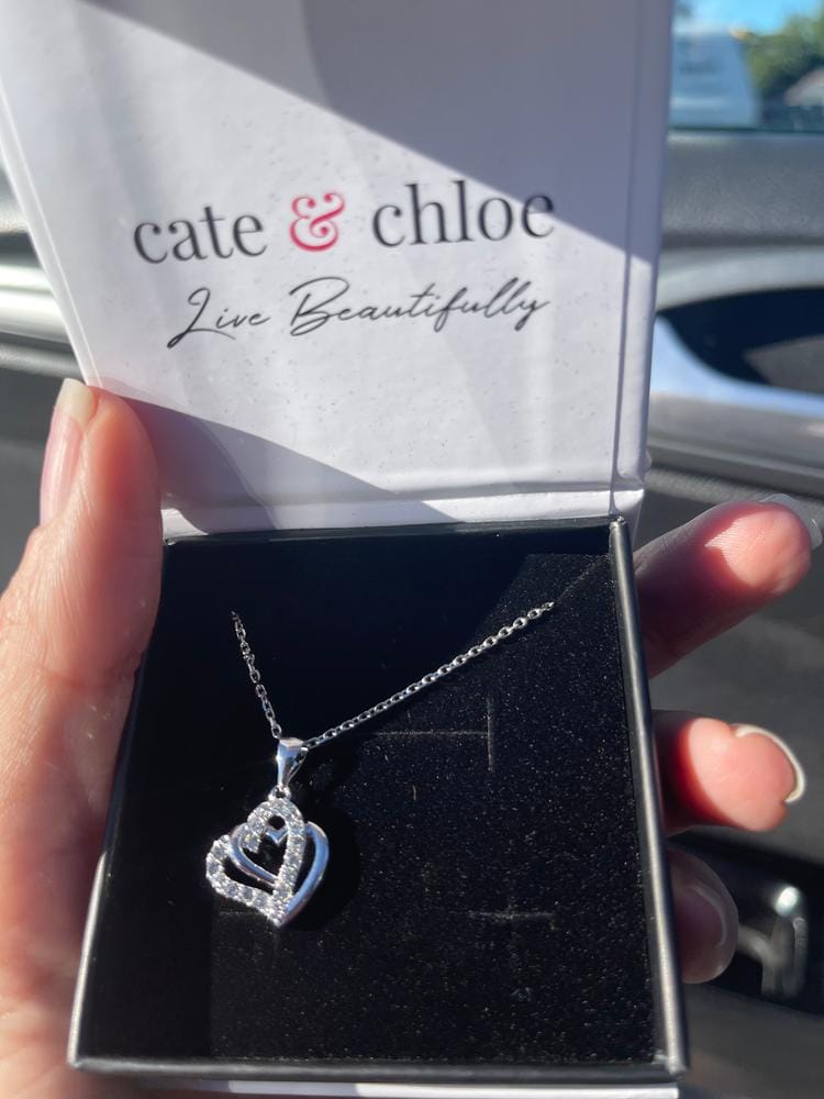 Customer photo review of Angela 18k White Gold Plated Silver Double Heart Necklace with Swarovski Crystals
