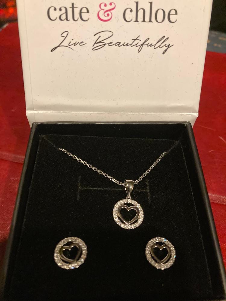 Customer photo review of Khaleesi 18k White Gold Plated Silver Heart Necklace and Earring Set with Swarovski Crystals