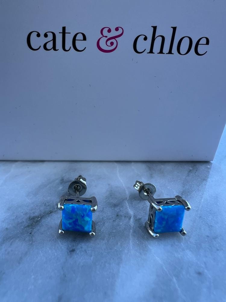 Customer photo review of Amphitrite 18k White Gold Plated Stud Earrings with Princess Cut Opal Stones