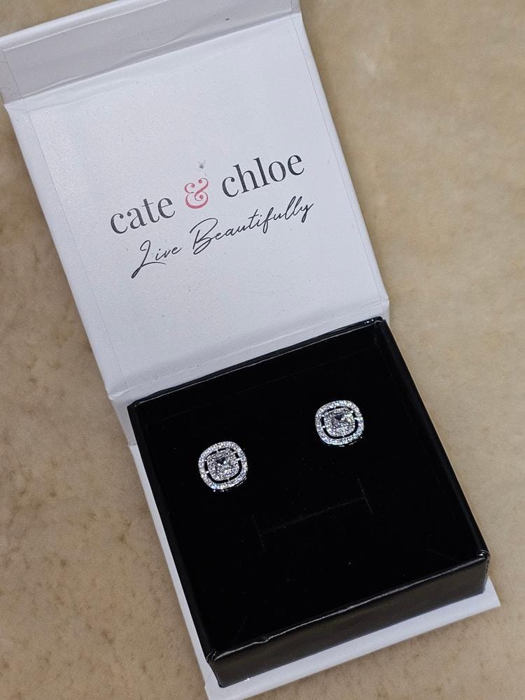 Customer photo review of Noelle 18k White Gold Plated Halo Stud Earrings with Simulated Diamond Crystals