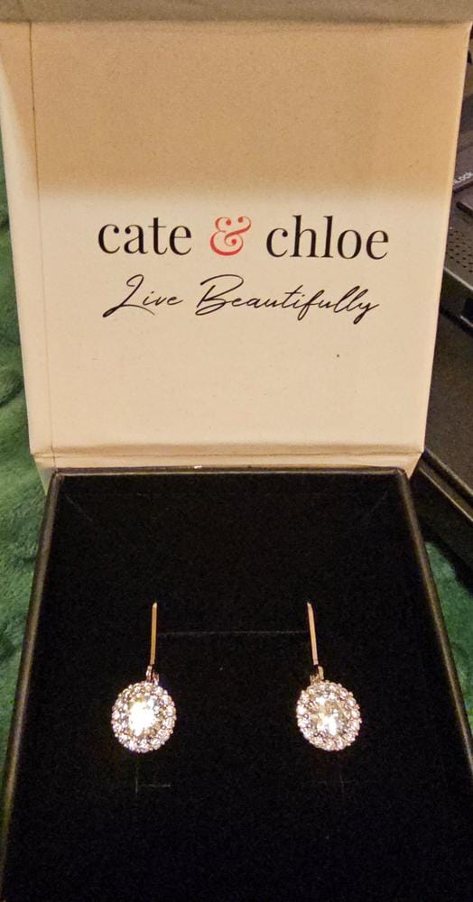 Customer photo review of Michelle 18k White Gold Plated Halo Drop Earrings with Simulated Diamond Crystals