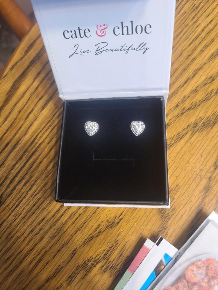 Customer photo review of Coraline 18k White Gold Plated Silver Heart Stud Earrings with Simulated Diamond Crystals