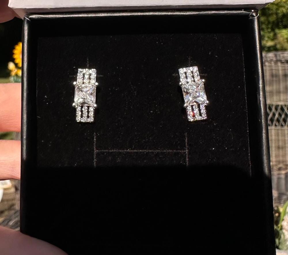 Customer photo review of Fiona 18k White Gold Stud Plated Earrings with Princess Cut Swarovski Crystals
