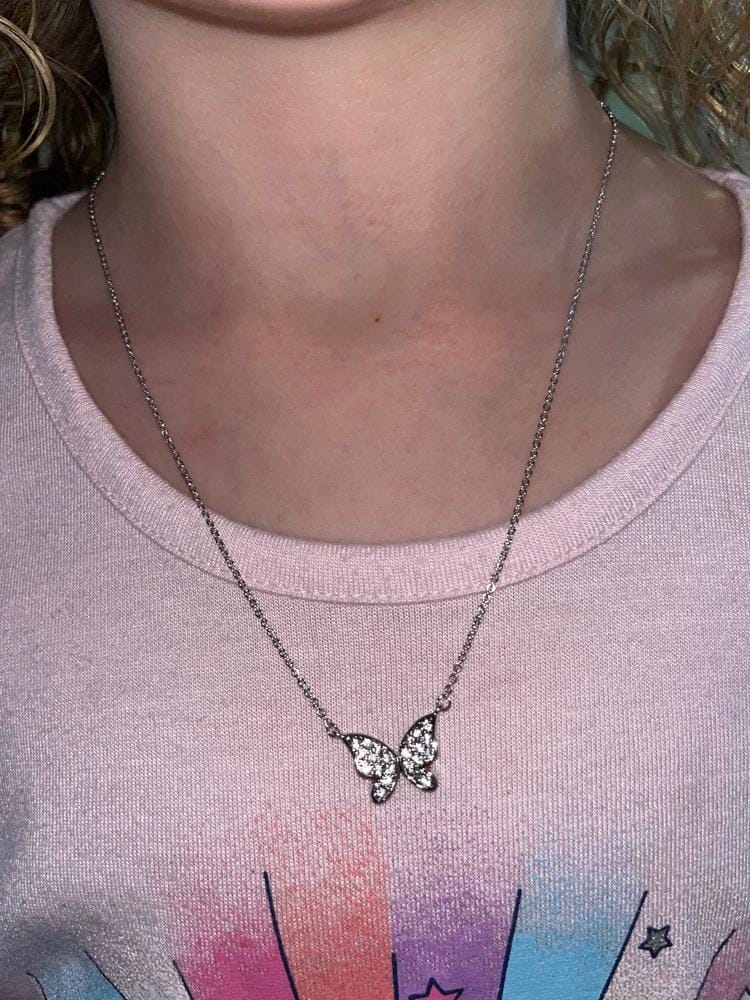 Customer photo review of Yuenen 18k White Gold Plated Butterfly Necklace with Swarovski Crystals & Heartfelt Message for Daughter